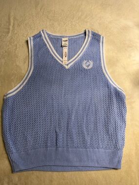 PINK Victoria's Secret Light Blue Knit V-Neck Sweater Vest with White Trim